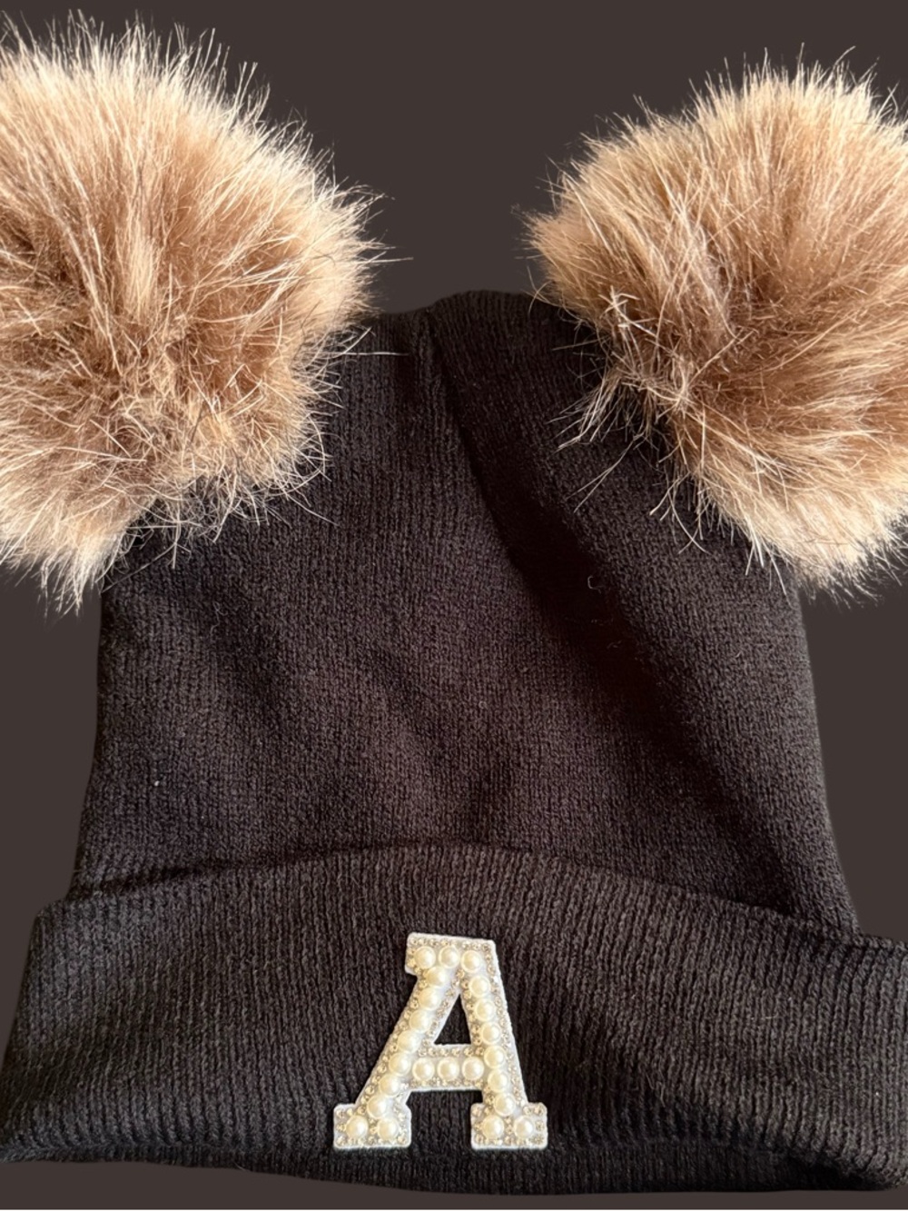 Black Kids Beanie Hat with Faux-Fur Pom Poms and Pearl Letter A